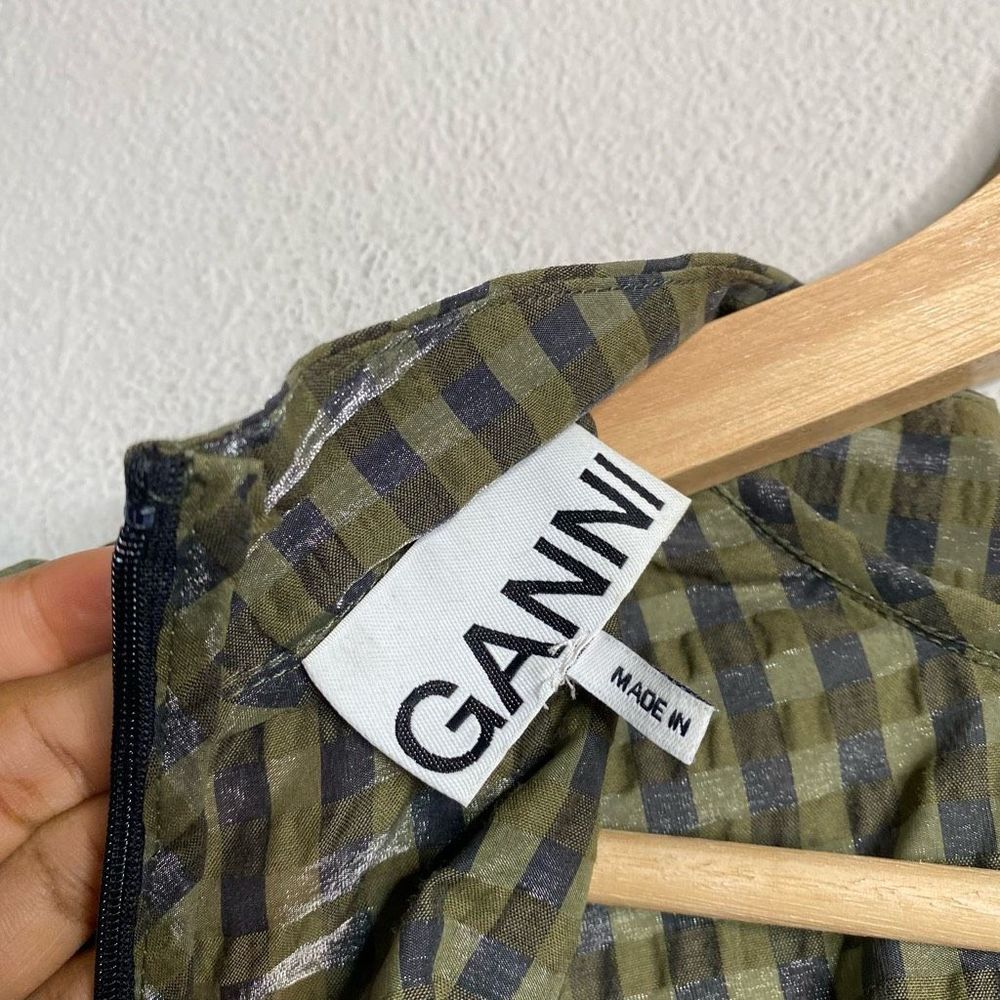 GANNI Dress Seersucker Gingham Mini Dress Green Size 34 - Picture 6 of 11